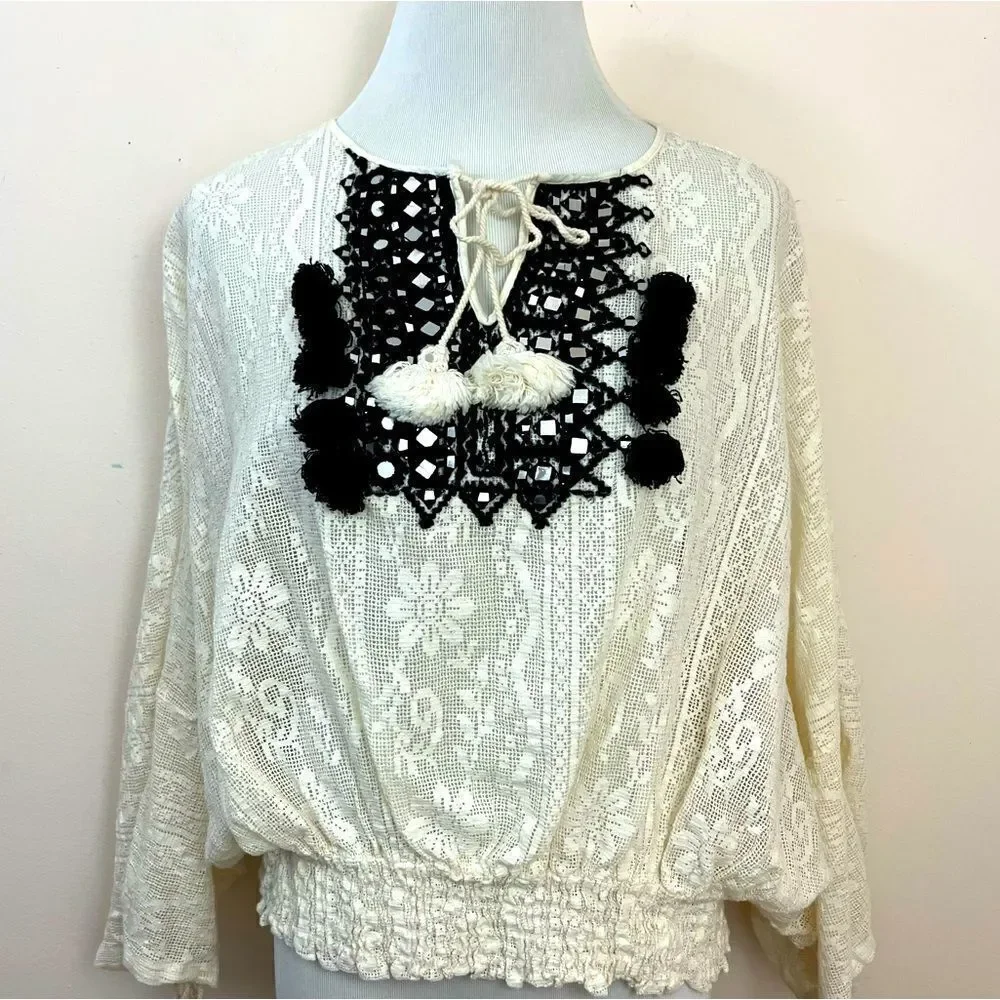 Anthropologie Vineet Bahl Iona Peasant Top Cream Lace Crochet M